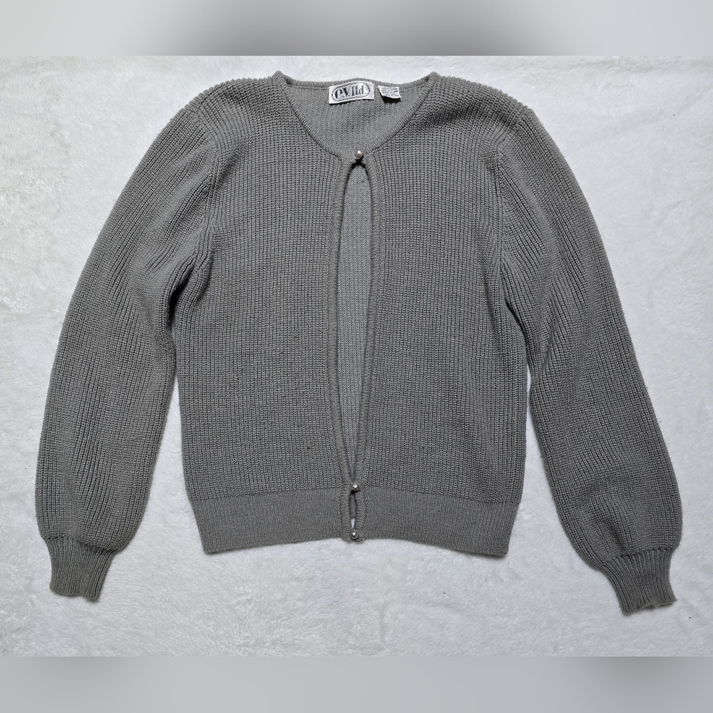 E.V. Ltd Sweater Sizs M Medium Grey Cardigan White Pearls Cover Up